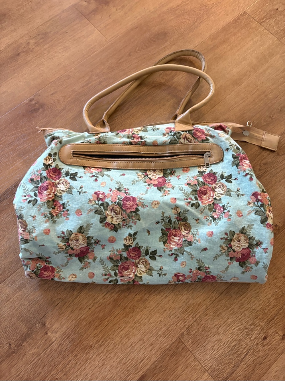 Floral Canvas Tote Travel Bag with Tan Trim